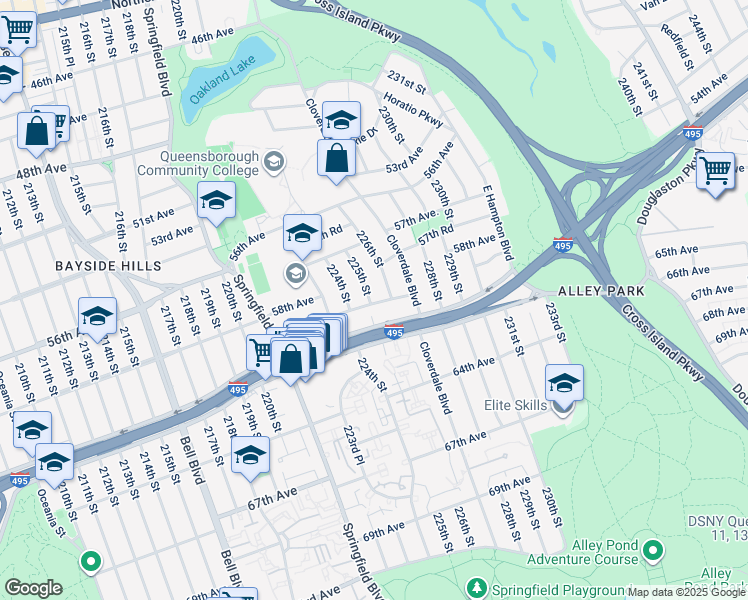 map of restaurants, bars, coffee shops, grocery stores, and more near 57-39 225th Street in Queens