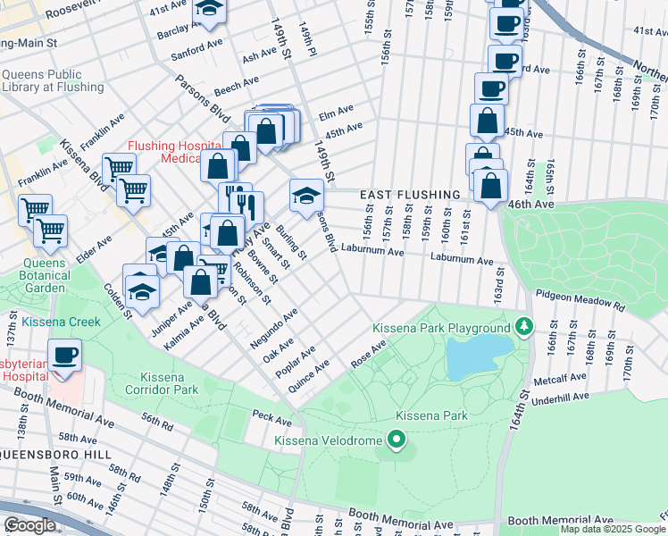 map of restaurants, bars, coffee shops, grocery stores, and more near 4701 Parsons Boulevard in Queens