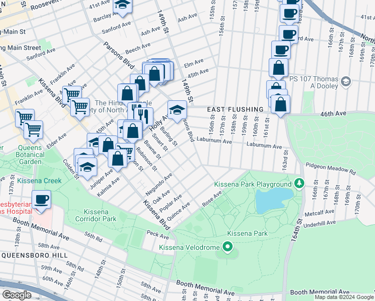 map of restaurants, bars, coffee shops, grocery stores, and more near 4701 Parsons Boulevard in Queens