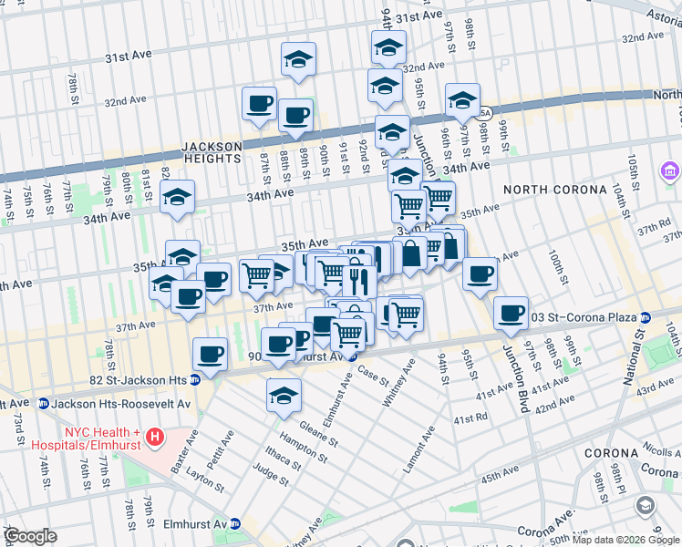 map of restaurants, bars, coffee shops, grocery stores, and more near 35-22 91st Street in Queens