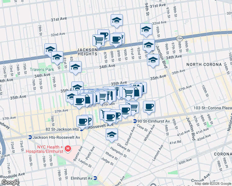 map of restaurants, bars, coffee shops, grocery stores, and more near 35-06 88th Street in Queens