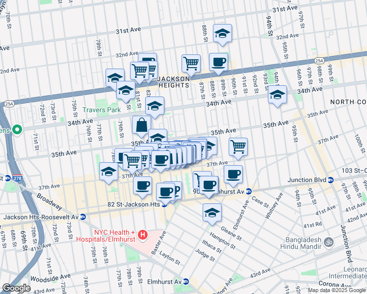 map of restaurants, bars, coffee shops, grocery stores, and more near in Queens