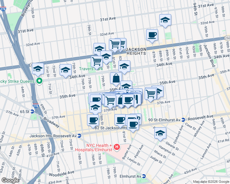 map of restaurants, bars, coffee shops, grocery stores, and more near 81-05 35th Avenue in Queens