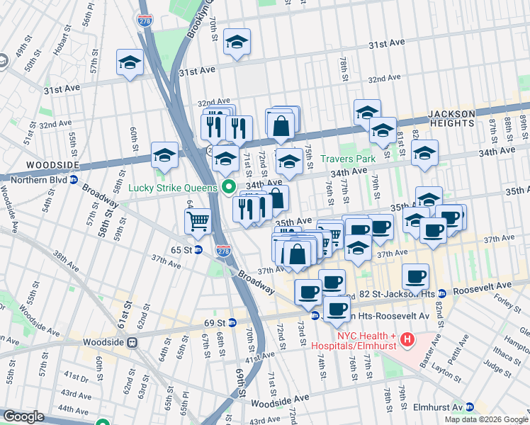 map of restaurants, bars, coffee shops, grocery stores, and more near 34-24 72nd Street in Queens