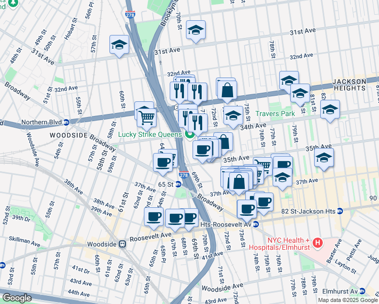 map of restaurants, bars, coffee shops, grocery stores, and more near 34-2 70th Street in Queens