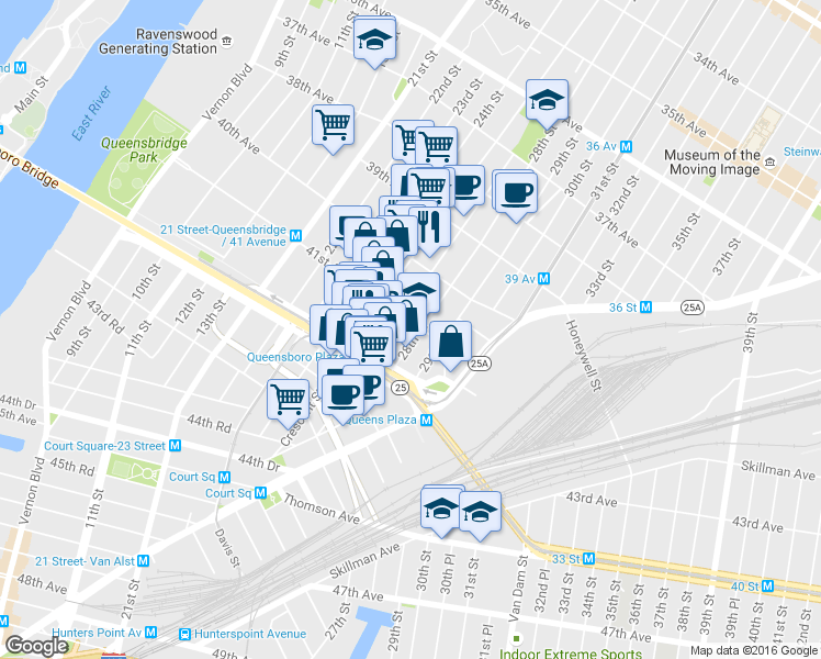 map of restaurants, bars, coffee shops, grocery stores, and more near 27-01 41st Avenue in Queens