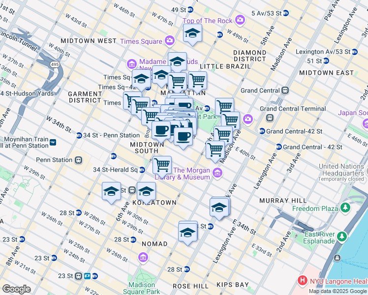 map of restaurants, bars, coffee shops, grocery stores, and more near 32 West 38th Street in Brooklyn