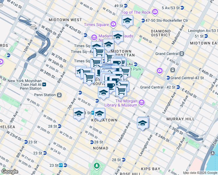 map of restaurants, bars, coffee shops, grocery stores, and more near 112 West 38th Street in New York