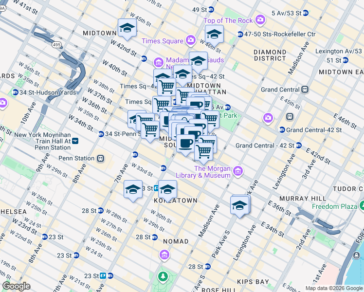 map of restaurants, bars, coffee shops, grocery stores, and more near 112 West 38th Street in New York