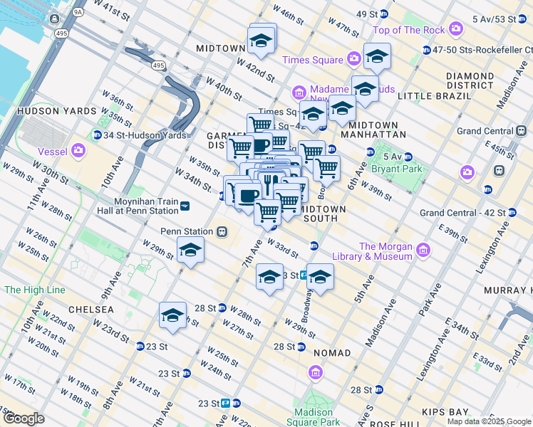 map of restaurants, bars, coffee shops, grocery stores, and more near in New York