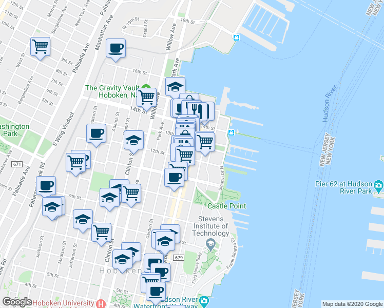 map of restaurants, bars, coffee shops, grocery stores, and more near 1217 Washington Street in Hoboken