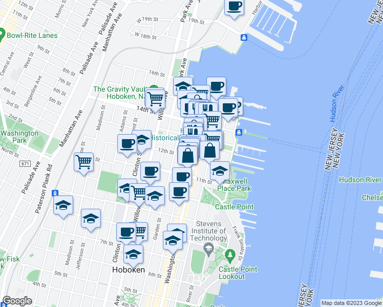 map of restaurants, bars, coffee shops, grocery stores, and more near 1217 Washington Street in Hoboken