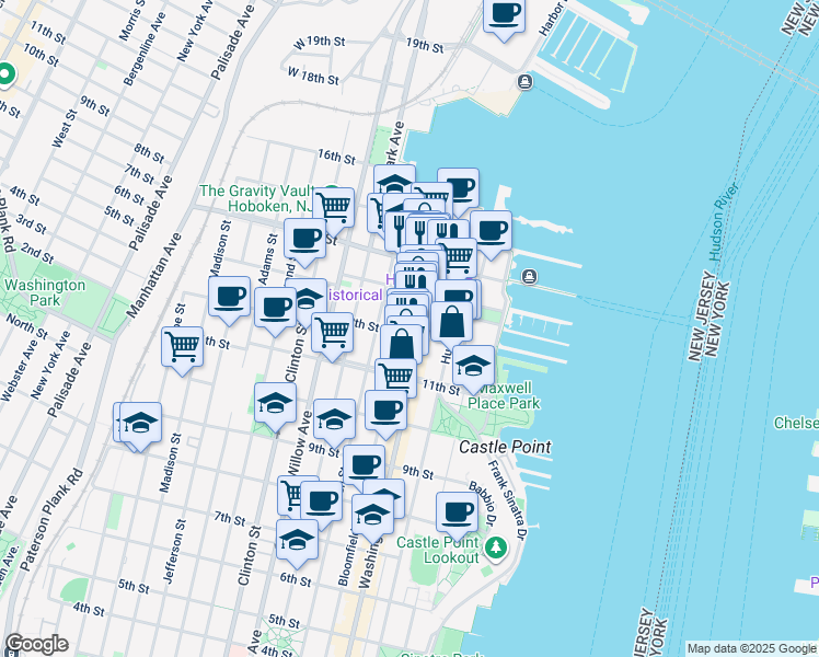 map of restaurants, bars, coffee shops, grocery stores, and more near 1217 Washington Street in Hoboken