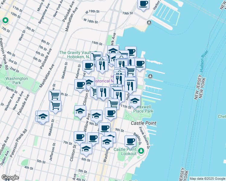 map of restaurants, bars, coffee shops, grocery stores, and more near 1227 Garden Street in Hoboken