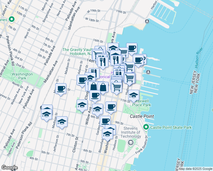 map of restaurants, bars, coffee shops, grocery stores, and more near 1208 Park Avenue in Hoboken