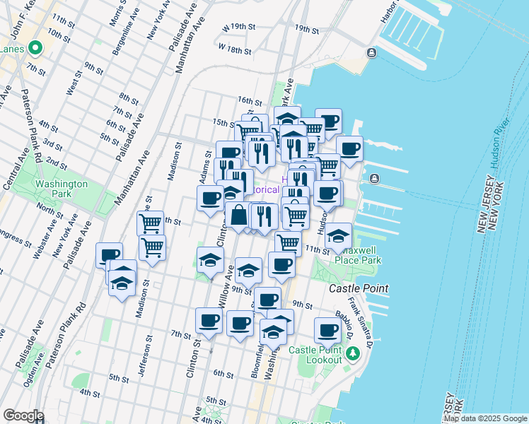 map of restaurants, bars, coffee shops, grocery stores, and more near 1208 Park Avenue in Hoboken