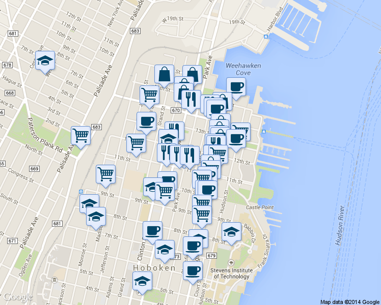 map of restaurants, bars, coffee shops, grocery stores, and more near 1208 Park Avenue in Hoboken