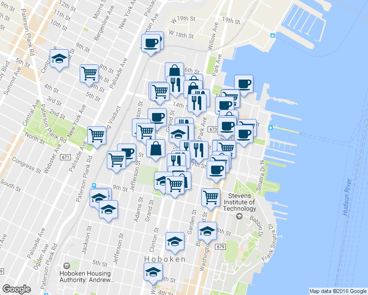 map of restaurants, bars, coffee shops, grocery stores, and more near 305 12th Street in Hoboken