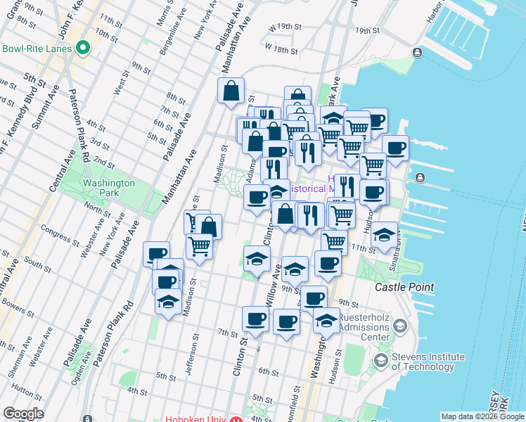map of restaurants, bars, coffee shops, grocery stores, and more near 1130 Grand Street in Hoboken