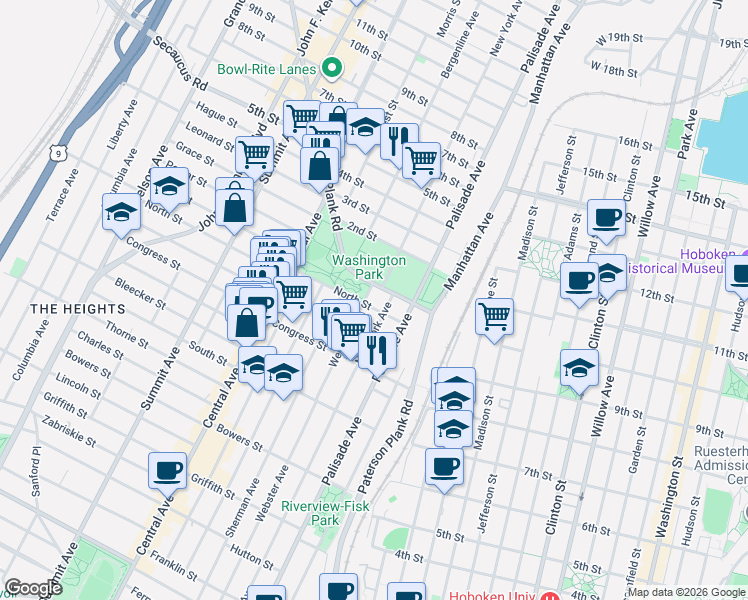 map of restaurants, bars, coffee shops, grocery stores, and more near 399 Webster Avenue in Jersey City