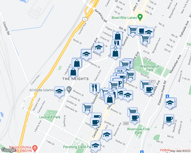 map of restaurants, bars, coffee shops, grocery stores, and more near 86 Paterson Street in Jersey City