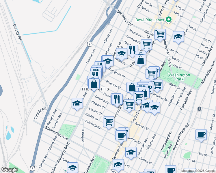 map of restaurants, bars, coffee shops, grocery stores, and more near 116 Bleecker Street in Jersey City