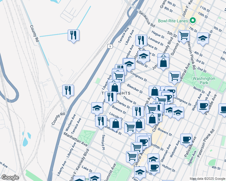 map of restaurants, bars, coffee shops, grocery stores, and more near 454 Liberty Avenue in Jersey City