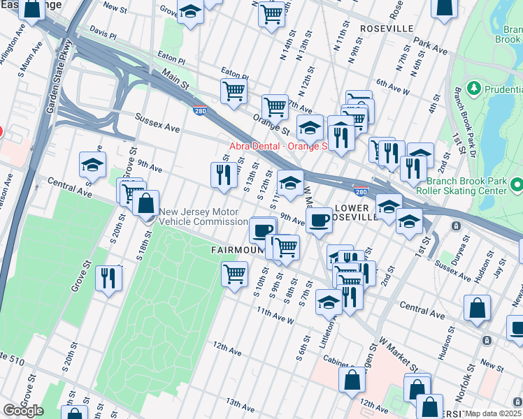map of restaurants, bars, coffee shops, grocery stores, and more near 71 9th Avenue in Newark