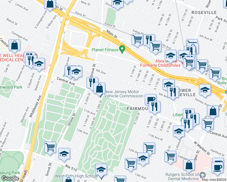 map of restaurants, bars, coffee shops, grocery stores, and more near 24 South 17th Street in East Orange