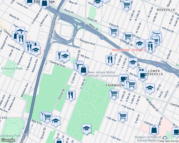map of restaurants, bars, coffee shops, grocery stores, and more near 147 Steuben Street in East Orange