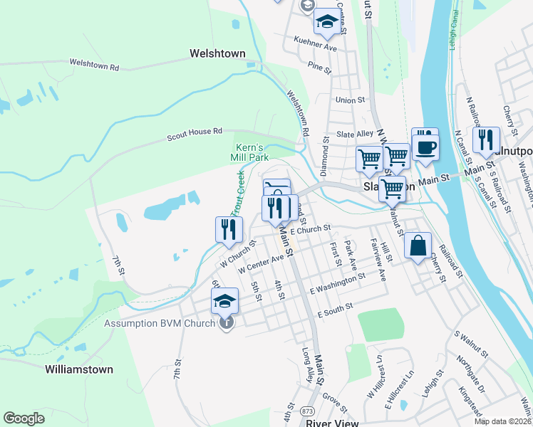map of restaurants, bars, coffee shops, grocery stores, and more near 15 Willow Avenue in Slatington