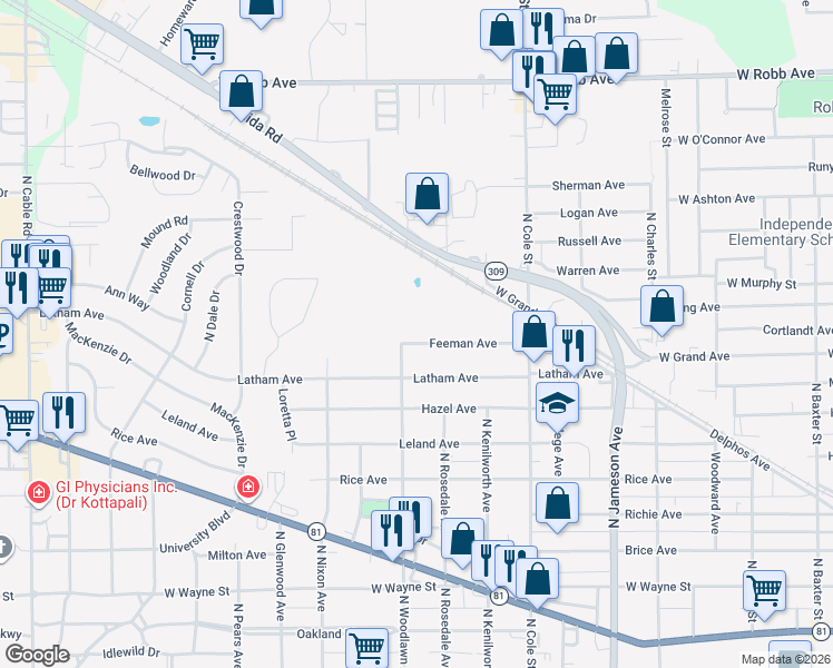 map of restaurants, bars, coffee shops, grocery stores, and more near 1456 Feeman Avenue in Lima