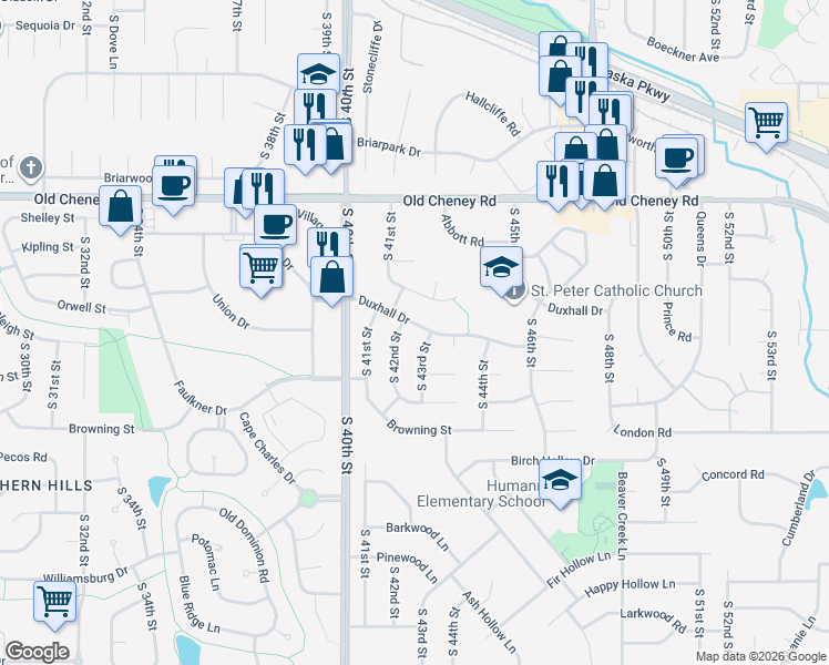 map of restaurants, bars, coffee shops, grocery stores, and more near 4301 Jacquelyn Circle in Lincoln