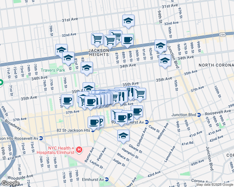 map of restaurants, bars, coffee shops, grocery stores, and more near in Queens