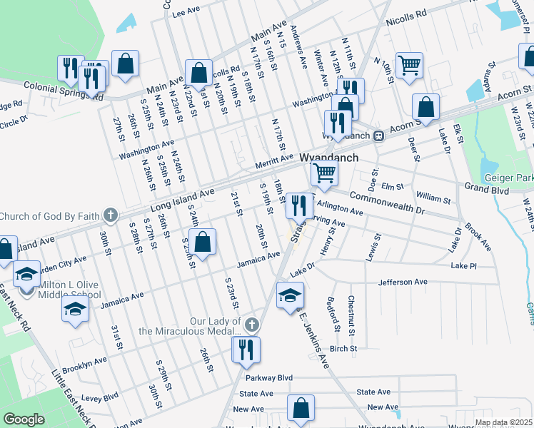 map of restaurants, bars, coffee shops, grocery stores, and more near 38 South 19th Street in Wyandanch