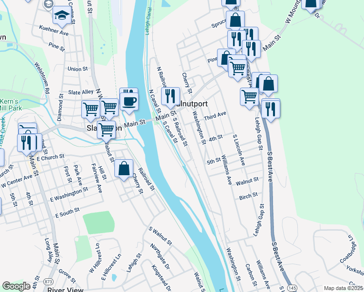 map of restaurants, bars, coffee shops, grocery stores, and more near 317 South Canal Street in Walnutport