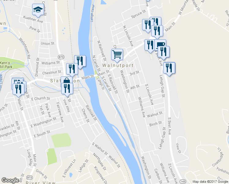 map of restaurants, bars, coffee shops, grocery stores, and more near 317 South Canal Street in Walnutport