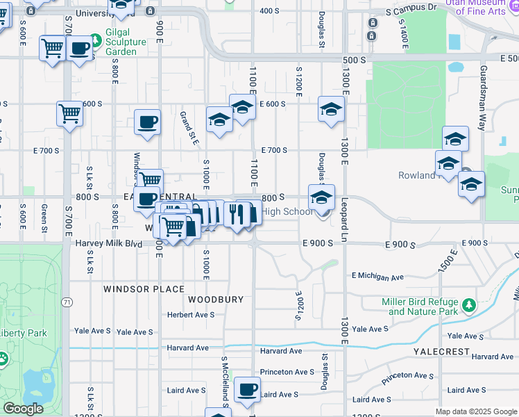 map of restaurants, bars, coffee shops, grocery stores, and more near 815 South 1100 East in Salt Lake City