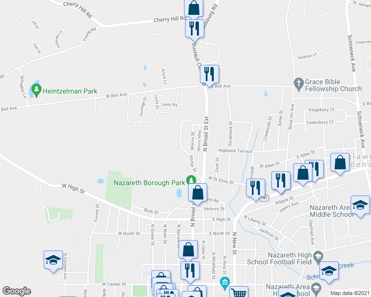 map of restaurants, bars, coffee shops, grocery stores, and more near 78 Porter Street in Nazareth