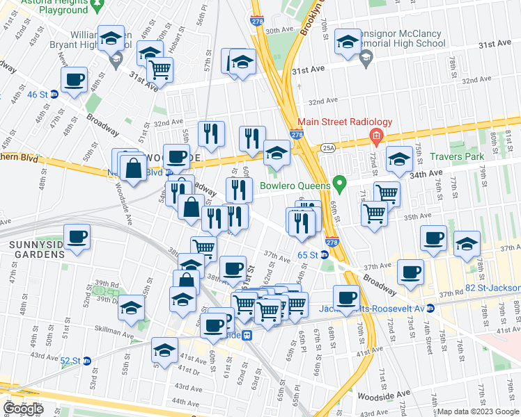 map of restaurants, bars, coffee shops, grocery stores, and more near 33-61 60th Street in Queens