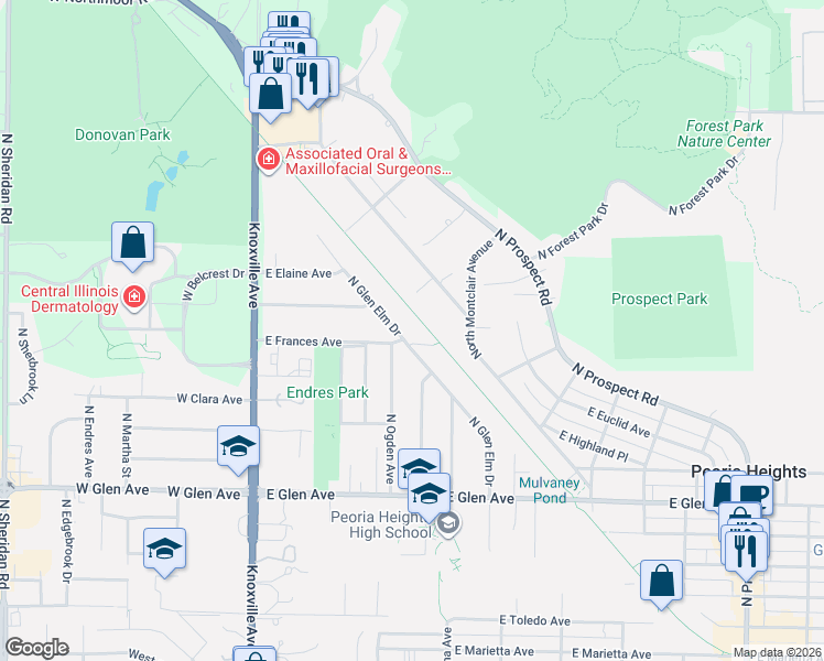 map of restaurants, bars, coffee shops, grocery stores, and more near 5320 North Glen Elm Drive in Peoria Heights