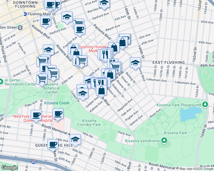 map of restaurants, bars, coffee shops, grocery stores, and more near 141-11 Holly Avenue in Queens