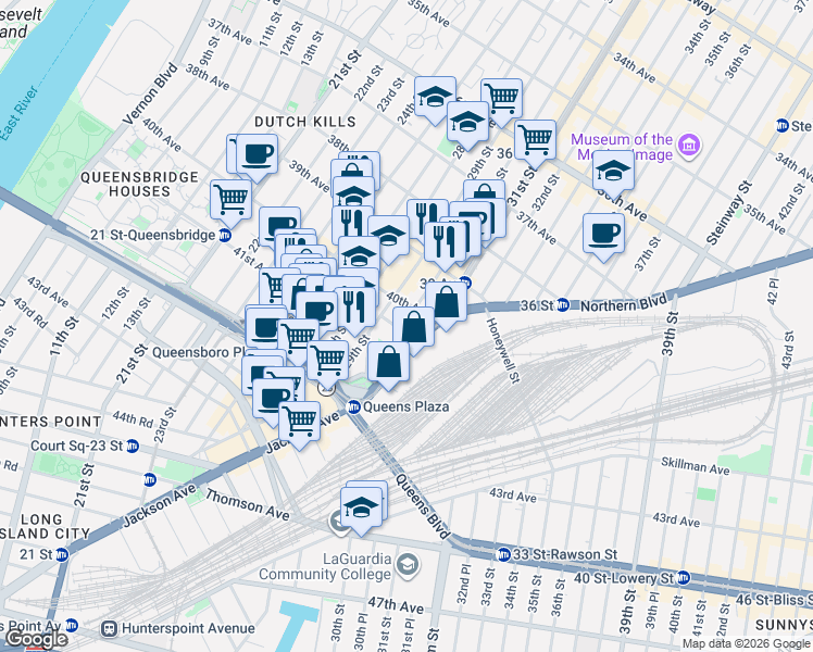 map of restaurants, bars, coffee shops, grocery stores, and more near 2927 40th Road in Queens