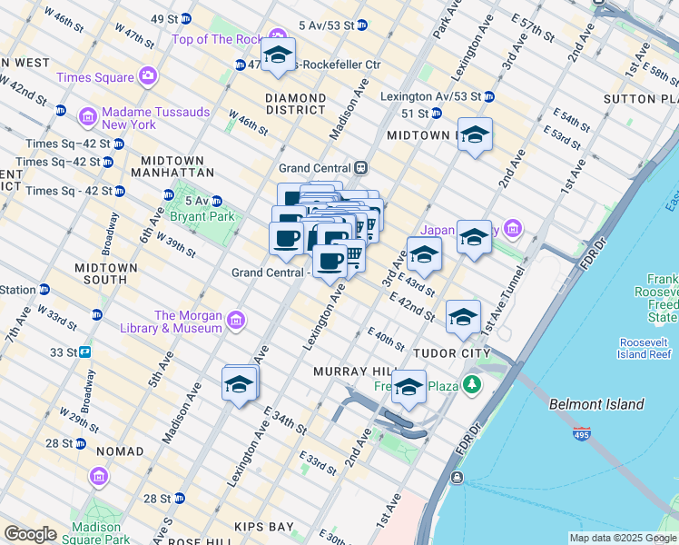 map of restaurants, bars, coffee shops, grocery stores, and more near 122 East 42nd Street in New York