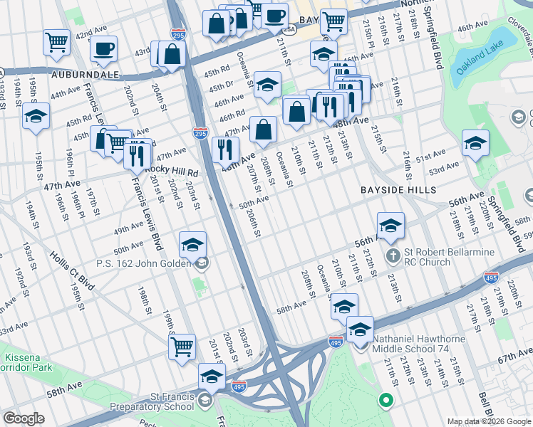 map of restaurants, bars, coffee shops, grocery stores, and more near 206-16 50th Avenue in Queens