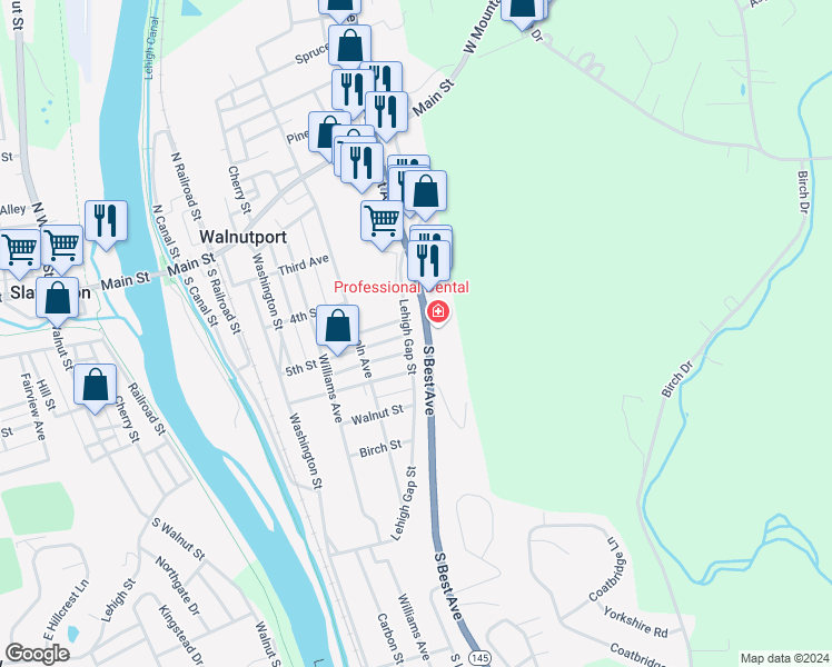 map of restaurants, bars, coffee shops, grocery stores, and more near 501 Lehigh Gap Street in Walnutport