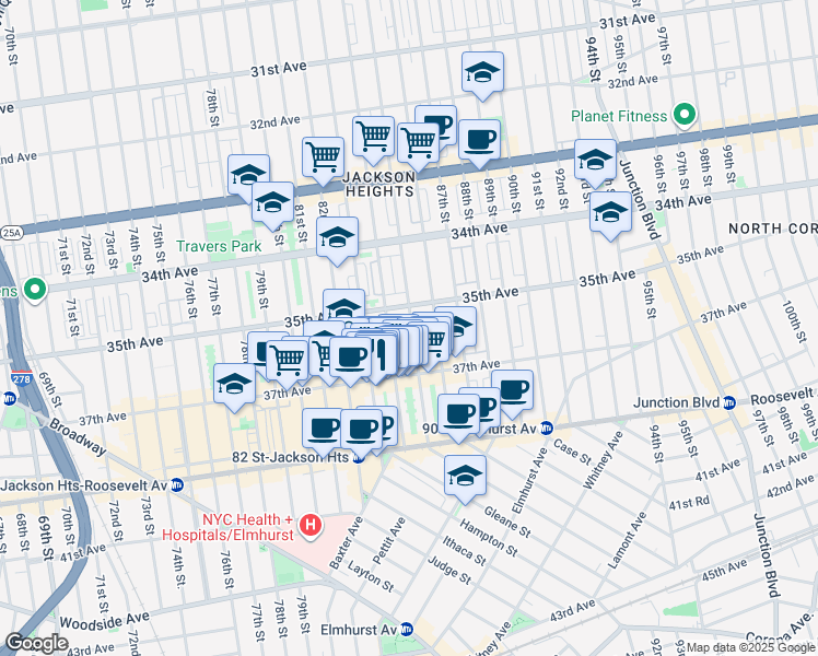 map of restaurants, bars, coffee shops, grocery stores, and more near 35-16 85th Street in Queens