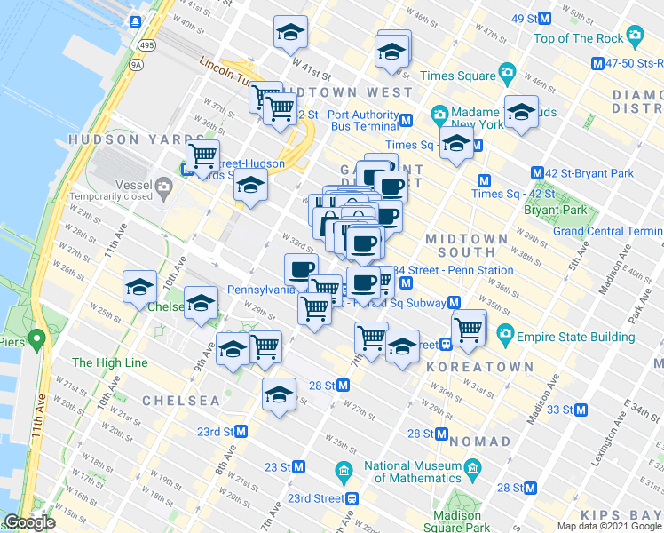 map of restaurants, bars, coffee shops, grocery stores, and more near 457 8th Avenue in New York