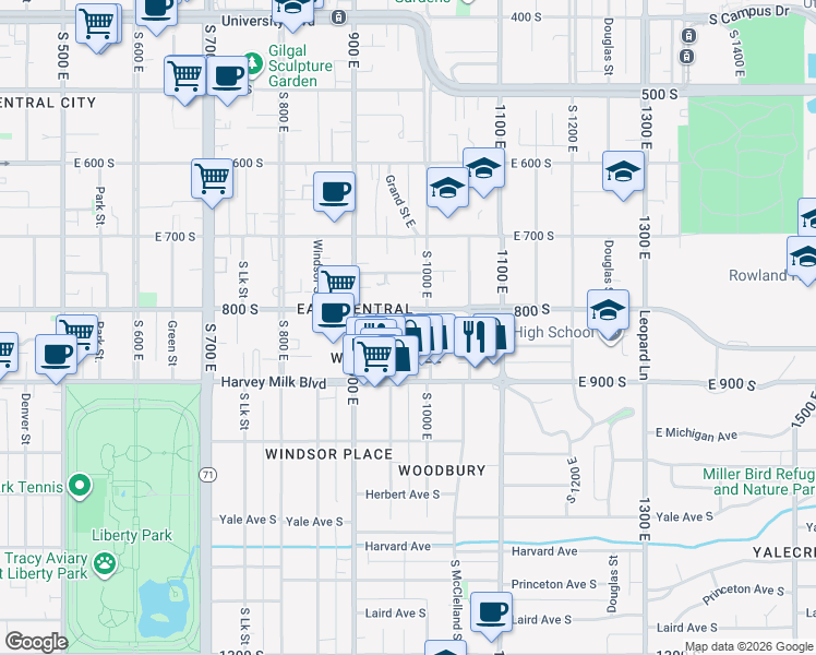 map of restaurants, bars, coffee shops, grocery stores, and more near 800 South 1000 East in Salt Lake City
