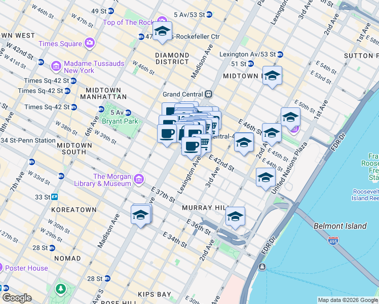 map of restaurants, bars, coffee shops, grocery stores, and more near 405 Lexington Avenue in New York